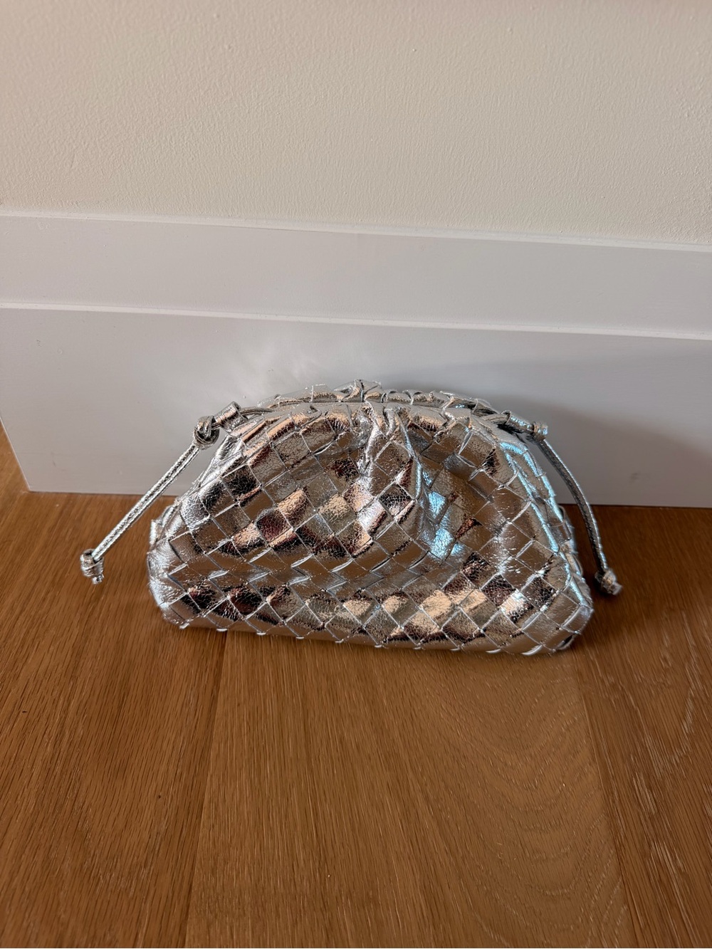 Metallic Silver Woven Clutch & Shoulder Bag | Magnetic Closure